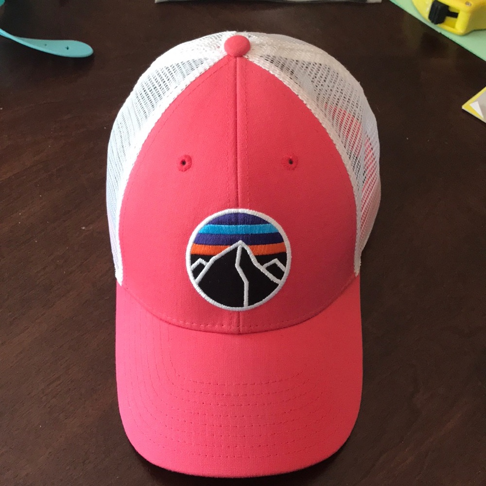 Patagonia Pink and White Mesh Trucker Hat with Mountain Patch